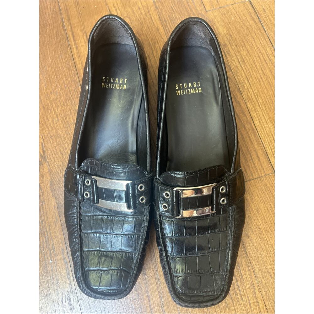 Stuart Weitzman Leather Faux‎ Croc Slip-on Loafer Size 8 Black